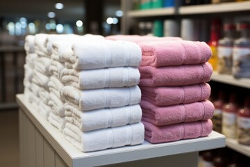 Obraz na płótnie Canvas stacks of white and pink towels in a boutique. Home textile, beautiful rolled white bath towels on a shelf. 