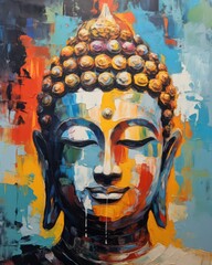 Photo realistic illustration of Lord buddha oil draw, Buddha statue Oil painting in colorful colors, Oil painting Buddha face with abstract texture on background