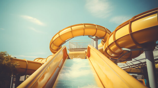 Yellow water slide on a bright sunny day, at a waterpark