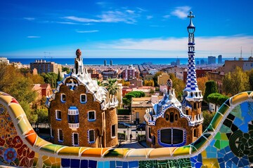 panoramic vista of Barcelona from the scenic public park Guell in Catalonia, Spain. Generative AI - obrazy, fototapety, plakaty