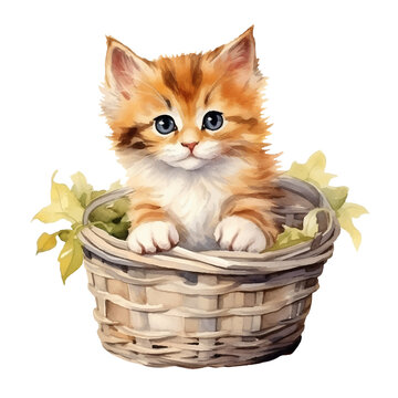 kitten in basket watercolor illustration, generative AI