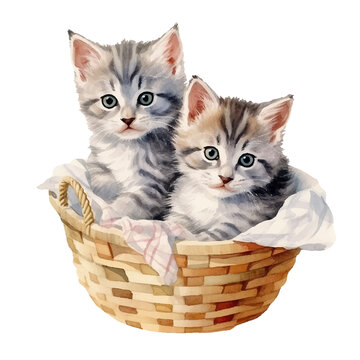 kittens in basket watercolor illustration, generative AI