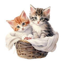 Fototapeta na wymiar kittens in basket watercolor illustration, generative AI