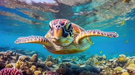 Obraz premium Portrait of a sea turtle swimming underwater in the ocean, underwater world. Generative AI