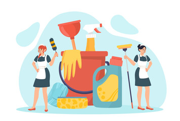 Cleaning service workers concept. Women in dresses with apron near big bucket with rubber gloves and detergents. Cleanliness and hygiene, routine. Cartoon flat vector illustration