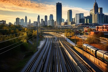 Buckhead Atlanta skyline with Georgia 400 highway and MARTA rapid rail train tracks. Generative AI - obrazy, fototapety, plakaty