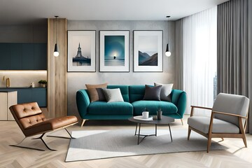 Three mock up poster frames in the background of modern interior, living room, Scandinavian style, 3D rendering.