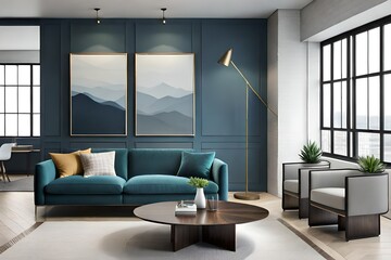 Three mock up poster frames in the background of modern interior, living room, Scandinavian style, 3D rendering, 3D illustration