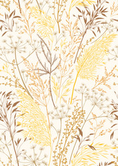 Dry grass seamless pattern. Floral background for wallpaper, fabrics, bed sheets. Yellow autumn ornament. Vector botanical illustration. Engraving style.