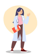 Doctor in white coat concept. Young girl with stethoscope in medical uniform. Healthcare worker with documents. Medicine and treatment. Nurse and therapist. Cartoon flat vector illustration