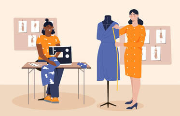 Fashion designers at workplace concept. Women with dress and dummy, sewing machine. Seamstress and tailor at workplace. Trend and style. Young girls with fabric. Cartoon flat vector illustration