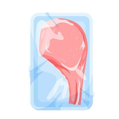 Frozen meat steak in plastic package vector illustration. Cartoon isolated supermarket or butchery tray with portion piece of red pork meat with bone, cellophane pack of raw protein food product