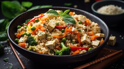 Delicious Dinner Delights: Savor the Flavors of a Healthy Meal with Vegetables, Rice, Meat, and More in a Flavorsome Pan Dish!, generative AI