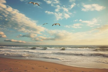 Fototapeta na wymiar Seagulls fly above the beach through the summer sky while the waves crash. Generative AI
