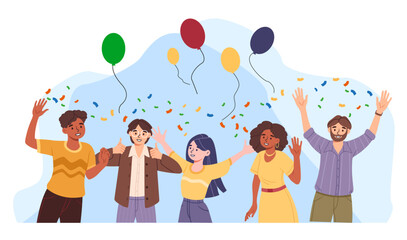Group of joyful people with balloons. Confetti and decoration for room. Women and men at party or event. Birthday, holiday and festival. Greeting postcard design. Cartoon flat vector illustration