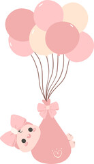 Obraz na płótnie Canvas Baby shower girl, cute newborn baby in pink hot air balloons