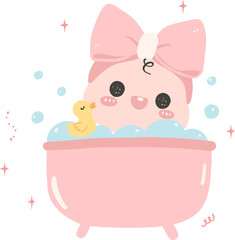 Baby bath, cute newborn baby shower girl in pink bathtub cartoon doodle illustration.