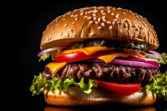 Close-up image of a beef hamburger on a black background. Generative AI