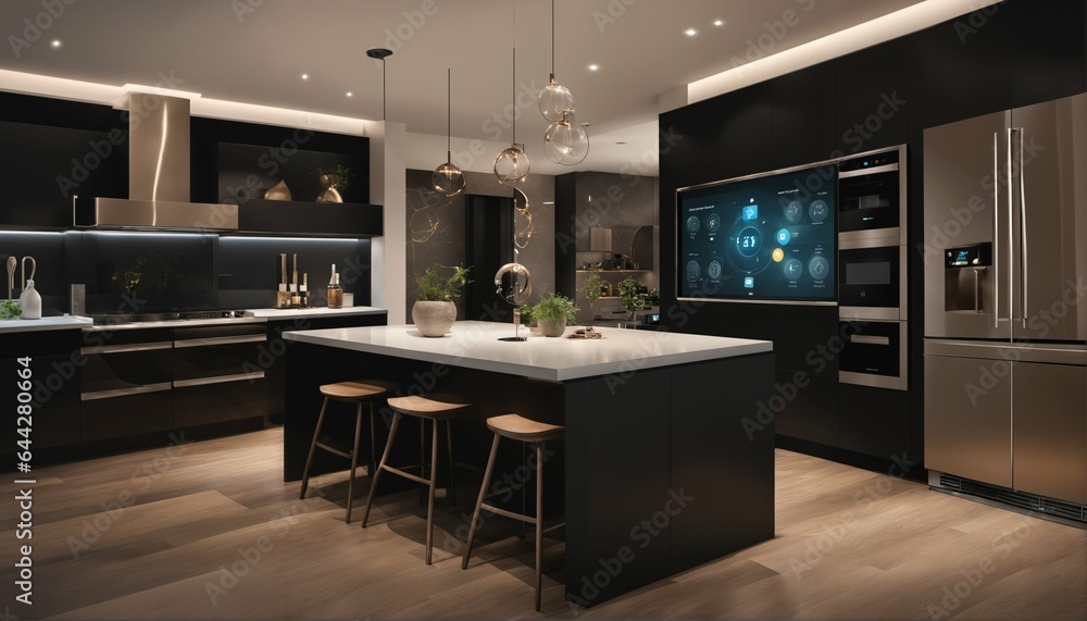 Poster smart refrigerator, coffee maker, oven in smart home with various connected devices and appliances -