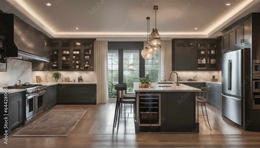 Poster smart refrigerator, coffee maker, oven in smart home with various connected devices and appliances -