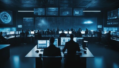 Advanced encryption and biometric access in futuristic cybersecurity workspace with security team