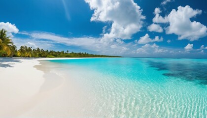 Obraz premium Sandy beach with white sand and rolling calm wave of turquoise ocean on sunny day, white clouds in blue sky background
