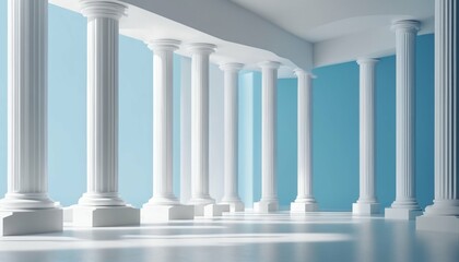 Fototapeta premium Minimalistic white and light blue architectural background banner with tilted columns, beautiful and airy