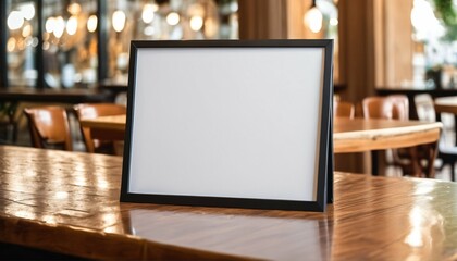 Blank white empty menu sign poster mockup display paper on cafe countertop for marketing, design, and advertising
