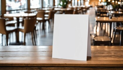 Blank white empty menu sign poster mockup display paper on cafe countertop for marketing, design, and advertising