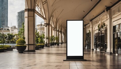 Outdoor luxury shopping mall with empty white billboard digital sign poster mockup for advertising, marketing, and template