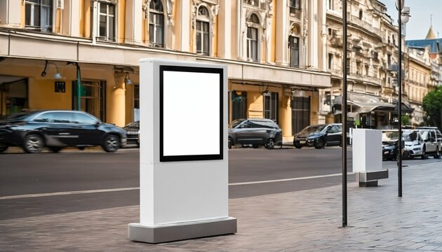 City Center In Daytime With Blank White Digital Sign Poster Billboard Mockup Display