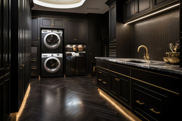 Elegant Laundry Room with a Sophisticated Art Deco Flair Showcasing a Stunning Black and Gold Color Scheme