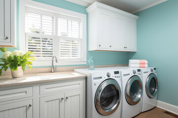 Serene Coastal Cottage Laundry Room with a Soft Pastel Blue and White Color Scheme