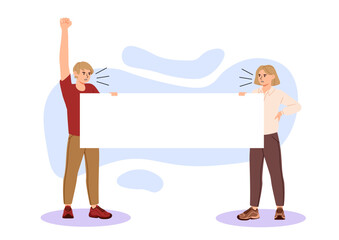 Man and woman at protest concept. People with white placard. Empty space for text. Rally and meeting, demonstration. Actvists with sign. Template and mock up. Cartoon flat vector illustration