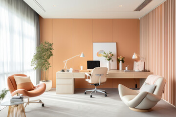 Dreamlike Bliss: A Serene Modern Office Interior Bathed in Subtle Peach Hues Captivating the Senses