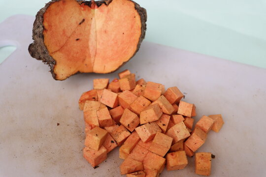 Elephant foot yam, suran, sliced for cooking preparations