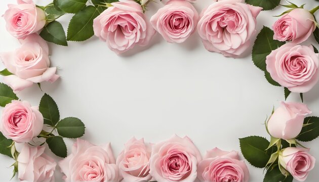 Close up of blooming pink roses flowers and petals on white table background - decorative web banner, floral frame composition, empty space, flat lay, top view