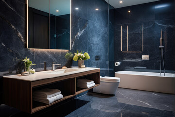 Serenity in Shades: A Captivating Modern Bathroom with Navy Blue Highlights