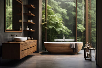 Nature-Inspired Bathroom with Wood Accents and Greenery