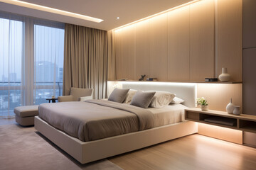Fototapeta premium Serenity and Simplicity: A Minimalist Haven of Tranquility in a Bedroom with Sleek Furniture, Soft Lighting, and Clean Lines