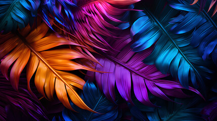 Creative fluorescent color layout of tropical leaves. Neon colors, Flat lay. The concept of nature