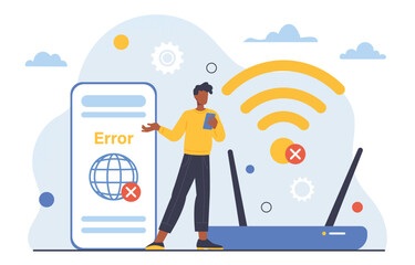 No wifi connection concept. Man near broken wi fi router. Young guy without internet. Online and digital technology, wireless device. Modern technologies and gadgets. Cartoon flat vector illustration - obrazy, fototapety, plakaty
