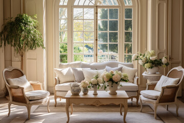 A Cozy French Provincial Style Living Room with Elegant Furnishings and Delicate Details