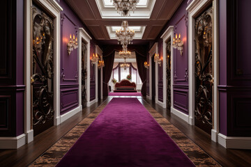 A Luxurious Plum-Colored Hallway Interior with Ornate Chandeliers, Velvet Upholstery, and Artisanal Wall Decor