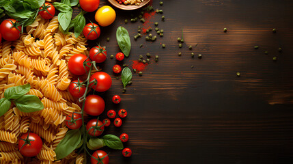 Fototapeta premium Pasta background different types with tomatoes and basil top view