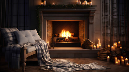fireplace inside the house, with a simple bedspread on the floor, garlands