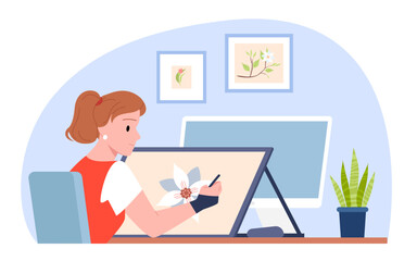 Freelance graphic designer at work vector illustration. Cartoon isolated home workplace scene with productive young female illustrator sitting at desk to draw creative art picture in room interior