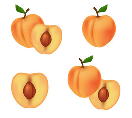 Set of peaches concept. Summer dessert and delicacy. Slice and whole fruits. Natural and organic products with vitamins. Cartoon flat vector collection isolated on white background