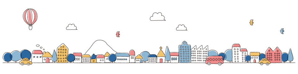 かわいい手描きの街並みイラスト（くすみカラー）