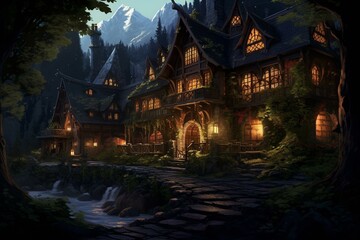 An inn nestled amid a magical forest, bathed in twilight's glow. Generative AI